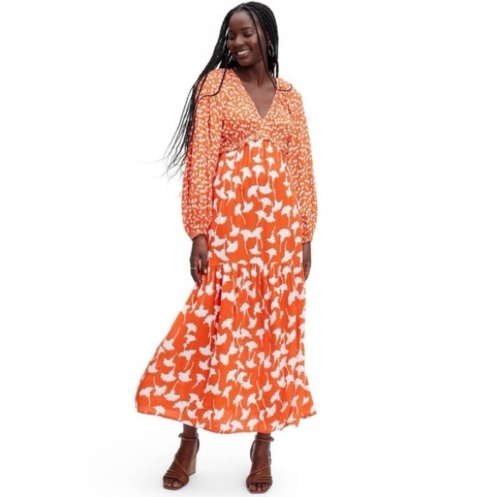 DIANE VON FURSTENBERG DVF Target Orange White Floral Midi Dress Size S Spring